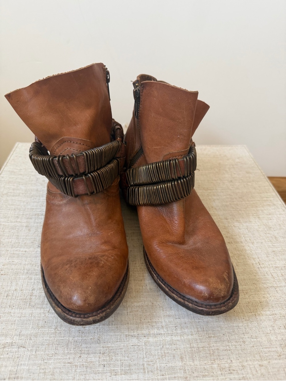 Woman’s Brown Leather Ankle Boots with Decorative Strap